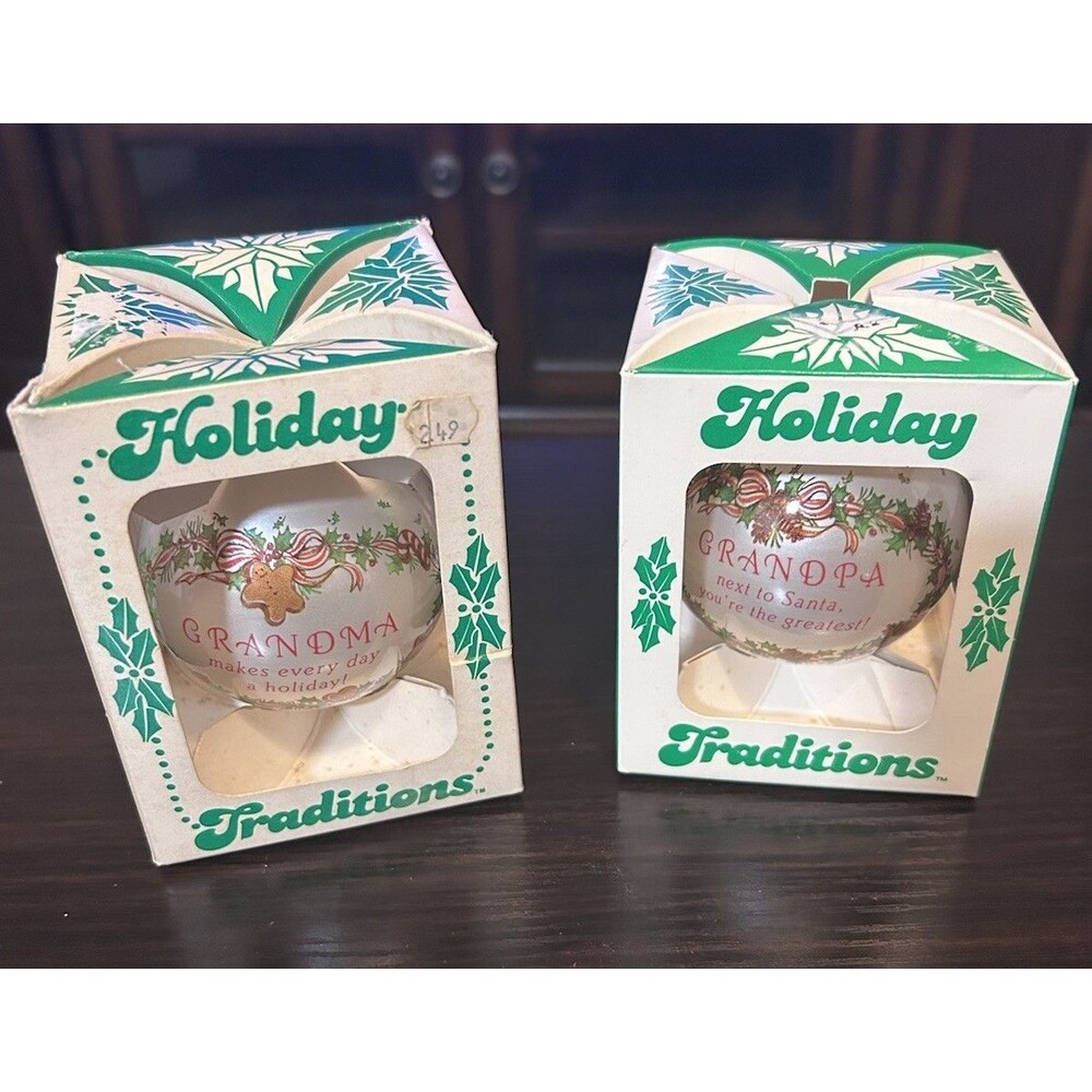Vtg 1990 Holiday Traditions Grandma Grandpa Glass Ornaments W/ Boxes Christmas
